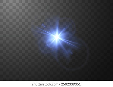 Light effect illustration. Realistic vector illustration of a bright star or lens flare effect in blue on a transparent background, ideal for designing lighting effects in a variety of projects.