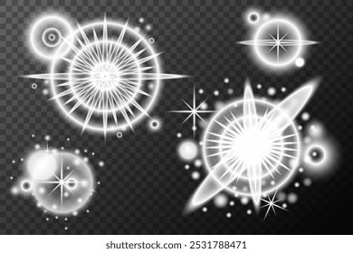 Light effect isolated flare explosion shiny dust line solar flare spark star sunlight, set vector effect