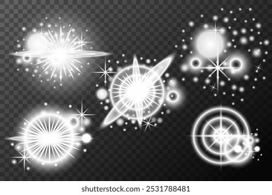 Light effect isolated flare explosion shiny dust line solar flare spark star sunlight, set vector effect