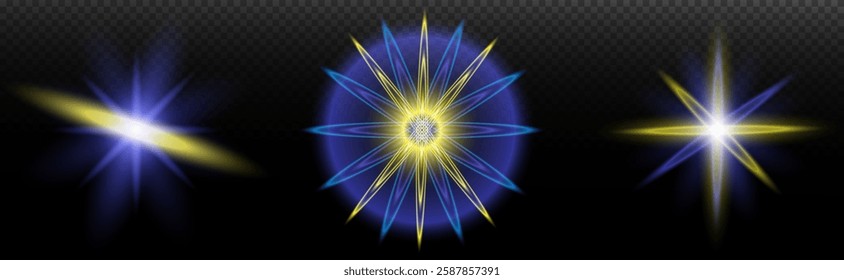 Light effect: isolated flare, tire explosion, dust line, sun flare, star spark, sunlight, vector set. Blue yellow