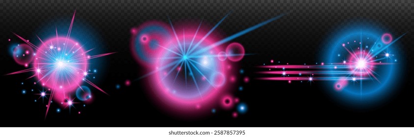 Light effect: isolated flare, tire explosion, dust line, sun flare, star spark, sunlight, vector set. blue pink