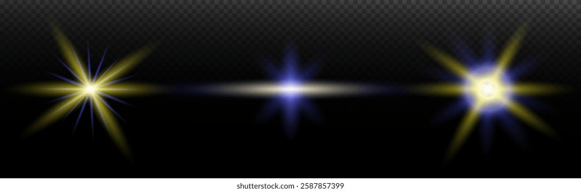 Light effect: isolated flare, tire explosion, dust line, sun flare, star spark, sunlight, vector set. Blue yellow