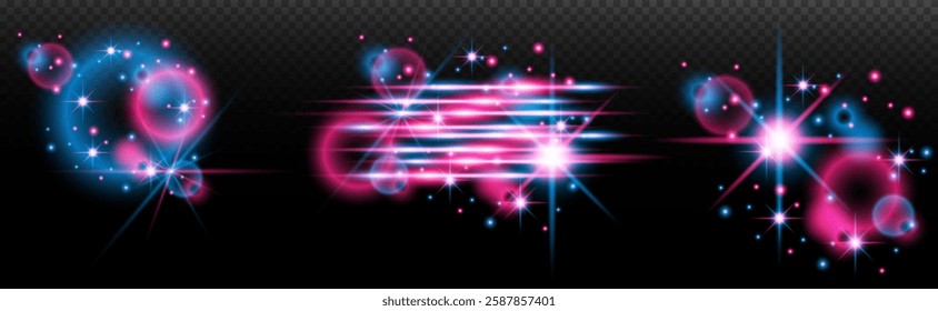 Light effect: isolated flare, tire explosion, dust line, sun flare, star spark, sunlight, vector set. blue pink