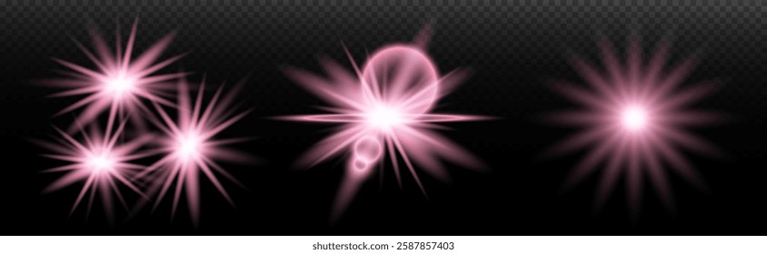 Light effect: isolated flare, tire explosion, dust line, sun flare, star spark, sunlight, vector set. Pink