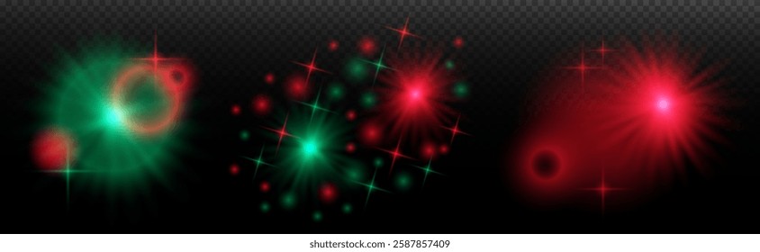 Light effect: isolated flare, tire explosion, dust line, sun flare, star spark, sunlight, vector set. Red green