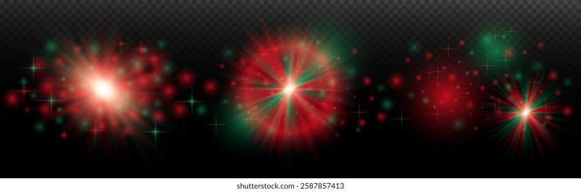 Light effect: isolated flare, tire explosion, dust line, sun flare, star spark, sunlight, vector set. Red green