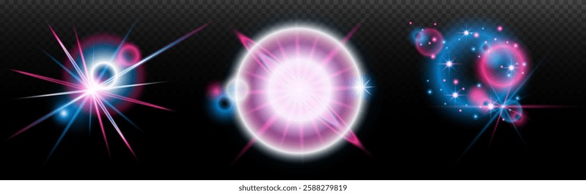 Light effect: isolated flare, tire explosion, dust line, sun flare, star spark, sunlight, vector set. blue pink