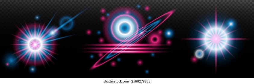 Light effect: isolated flare, tire explosion, dust line, sun flare, star spark, sunlight, vector set. blue pink