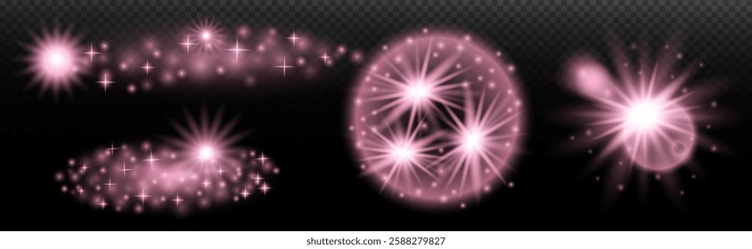 Light effect: isolated flare, tire explosion, dust line, sun flare, star spark, sunlight, vector set. Pink