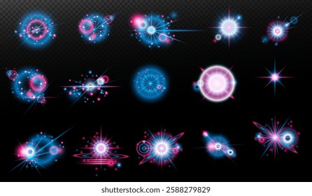 Light effect: isolated flare, tire explosion, dust line, sun flare, star spark, sunlight, vector set. blue pink