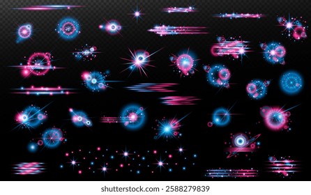 Light effect: isolated flare, tire explosion, dust line, sun flare, star spark, sunlight, vector set. blue pink