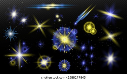Light effect: isolated flare, tire explosion, dust line, sun flare, star spark, sunlight, vector set. Blue yellow