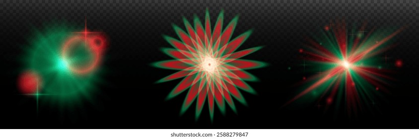 Light effect: isolated flare, tire explosion, dust line, sun flare, star spark, sunlight, vector set. Red green