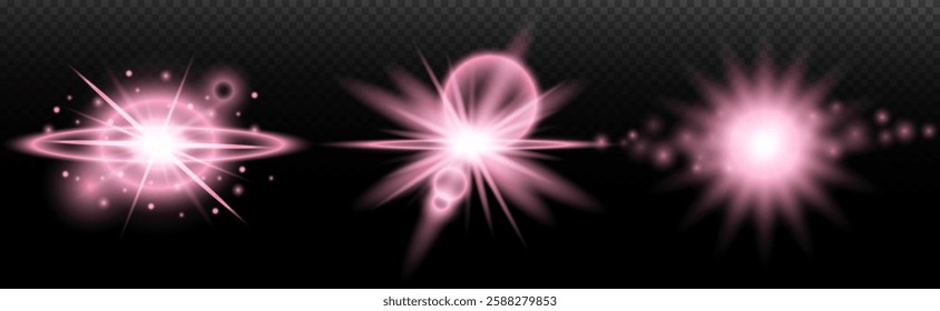 Light effect: isolated flare, tire explosion, dust line, sun flare, star spark, sunlight, vector set. Pink