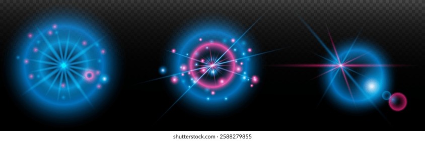 Light effect: isolated flare, tire explosion, dust line, sun flare, star spark, sunlight, vector set. blue pink