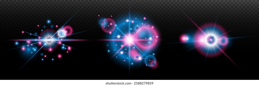 Light effect: isolated flare, tire explosion, dust line, sun flare, star spark, sunlight, vector set. blue pink