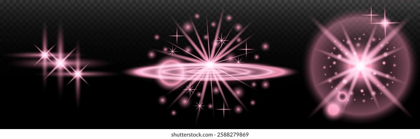 Light effect: isolated flare, tire explosion, dust line, sun flare, star spark, sunlight, vector set. Pink