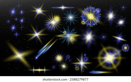 Light effect: isolated flare, tire explosion, dust line, sun flare, star spark, sunlight, vector set. Blue yellow