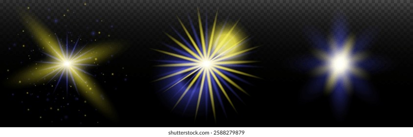 Light effect: isolated flare, tire explosion, dust line, sun flare, star spark, sunlight, vector set. Blue yellow
