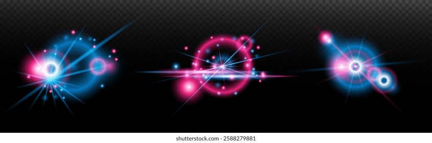 Light effect: isolated flare, tire explosion, dust line, sun flare, star spark, sunlight, vector set. blue pink