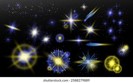 Light effect: isolated flare, tire explosion, dust line, sun flare, star spark, sunlight, vector set. Blue yellow