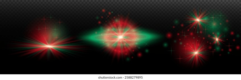 Light effect: isolated flare, tire explosion, dust line, sun flare, star spark, sunlight, vector set. Red green