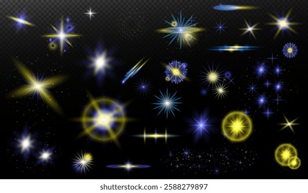 Light effect: isolated flare, tire explosion, dust line, sun flare, star spark, sunlight, vector set. Blue yellow