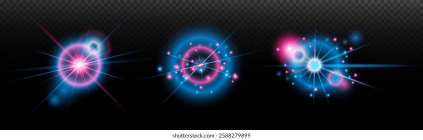 Light effect: isolated flare, tire explosion, dust line, sun flare, star spark, sunlight, vector set. blue pink