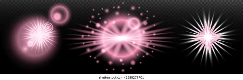 Light effect: isolated flare, tire explosion, dust line, sun flare, star spark, sunlight, vector set. Pink