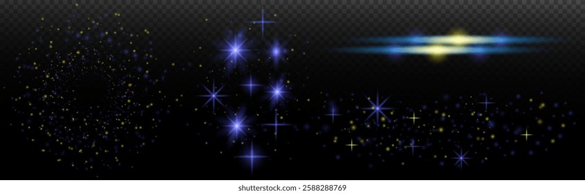 Light effect: isolated flare, tire explosion, dust line, sun flare, star spark, sunlight, vector set. Blue yellow