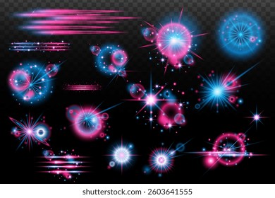 Light Effect: Isolated Flash, Tire Explosion, Dust Line, Solar Flare, Star Spark, Sunshine, Vector Set. Blue Pink, Neon