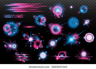 Light Effect: Isolated Flash, Tire Explosion, Dust Line, Solar Flare, Star Spark, Sunshine, Vector Set. Blue Pink, Neon