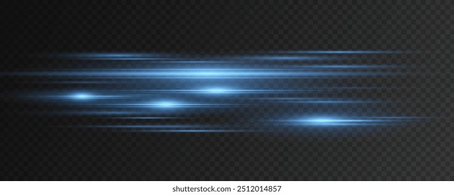 Efeito de luz isolado em um fundo transparente escuro. Brilhantes clarões e clarões azuis. Raios abstratos brilham no escuro. Vibrações leves. Laser brilhante. Ilustração vetorial. EPS 10.