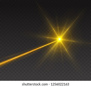 Light effect isolated on transparent background. Vector golden flare scene spotlight. Yellow glowing stage light ray, glare or glint star burst beam.

