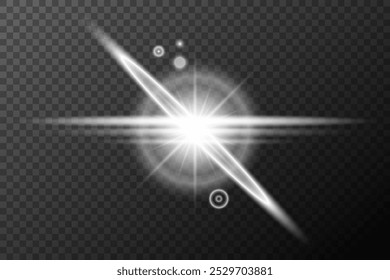 Light effect, Isolated white transparent flare explosion sparkle dust line solar flare spark star spotlight, vector special effect