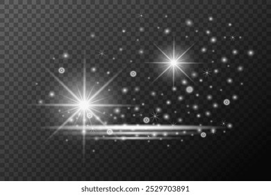 Light effect, Isolated white transparent flare explosion sparkle dust line solar flare spark star spotlight, vector special effect