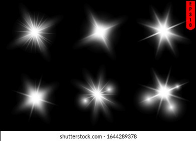 Light effect of lens flare. Set of white glowing lights starburst effects with sparkles on a black background. Vector illustration.