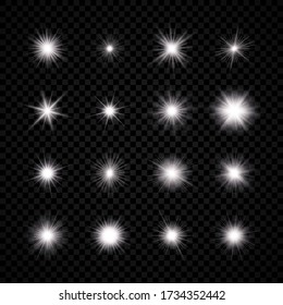 Light effect of lens flare. Set of sixteen white glowing light explodes with starburst effects and sparkles on a transparent background. Vector illustration