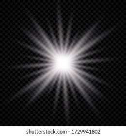 Light effect of lens flare. White glowing light explodes with starburst effects and sparkles on a transparent background. Vector illustration