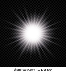 Efecto luminoso de la lente. La luz blanca resplandeciente explota con efecto de ráfaga de estrellas y se esparce sobre un fondo transparente. Ilustración del vector