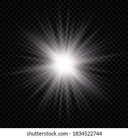 Light effect of lens flare. White glowing light explodes with starburst effects and sparkles on a transparent background. Vector illustration