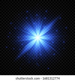 Efecto luminoso de las bengalas del objetivo. Las luces azules brillan estrellado efectos con chispas sobre un fondo transparente. Ilustración del vector