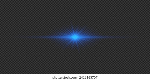 Light effect of lens flares. Blue horizontal glowing light starburst effect with sparkles on a grey transparent background. Vector illustration