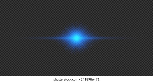 Light effect of lens flares. Blue horizontal glowing light starburst effect with sparkles on a grey transparent background. Vector illustration