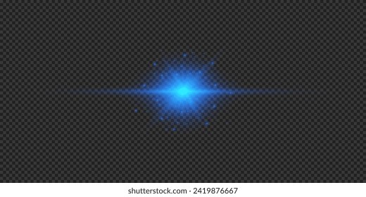 Light effect of lens flares. Blue horizontal glowing light starburst effect with sparkles on a grey transparent background. Vector illustration