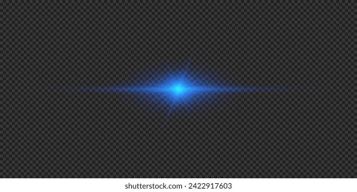 Light effect of lens flares. Blue horizontal glowing light starburst effect with sparkles on a grey transparent background. Vector illustration