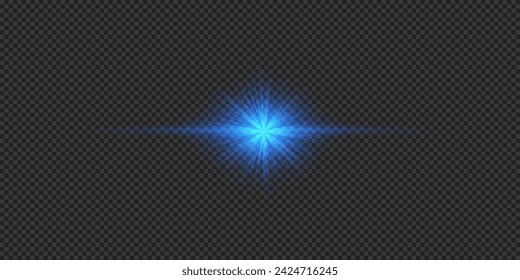 Light effect of lens flares. Blue horizontal glowing light starburst effect with sparkles on a grey transparent background. Vector illustration