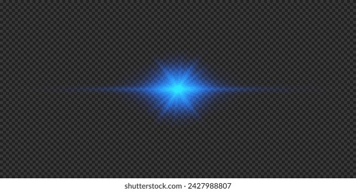 Light effect of lens flares. Blue horizontal glowing light starburst effect with sparkles on a grey transparent background. Vector illustration