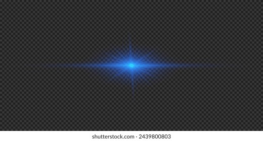 Light effect of lens flares. Blue horizontal glowing light starburst effect with sparkles on a grey transparent background. Vector illustration