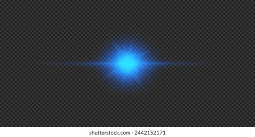 Light effect of lens flares. Blue horizontal glowing light starburst effect with sparkles on a grey transparent background. Vector illustration